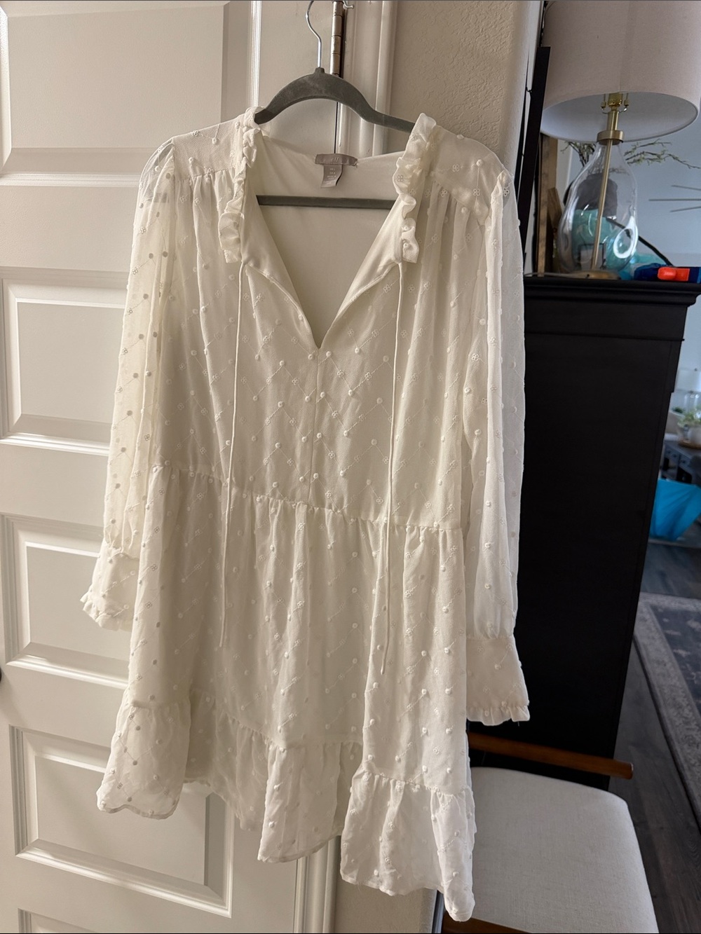 Women's H&M White Swiss Dot Ruffled V-Neck Dress